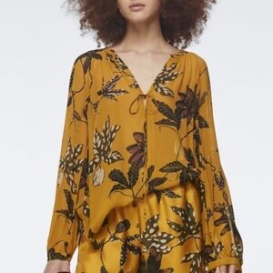 Dorothee Schumacher Autumnal Floral Chiffon Blouse 1 XS Yellow Gold Flowers